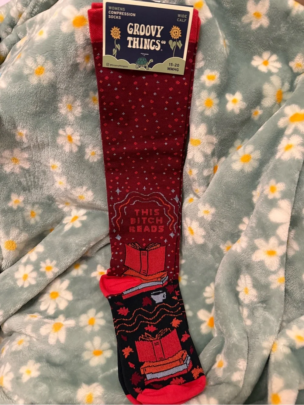 Groovy Things Red ‘This B Reads’ Wide Calf Compression Socks